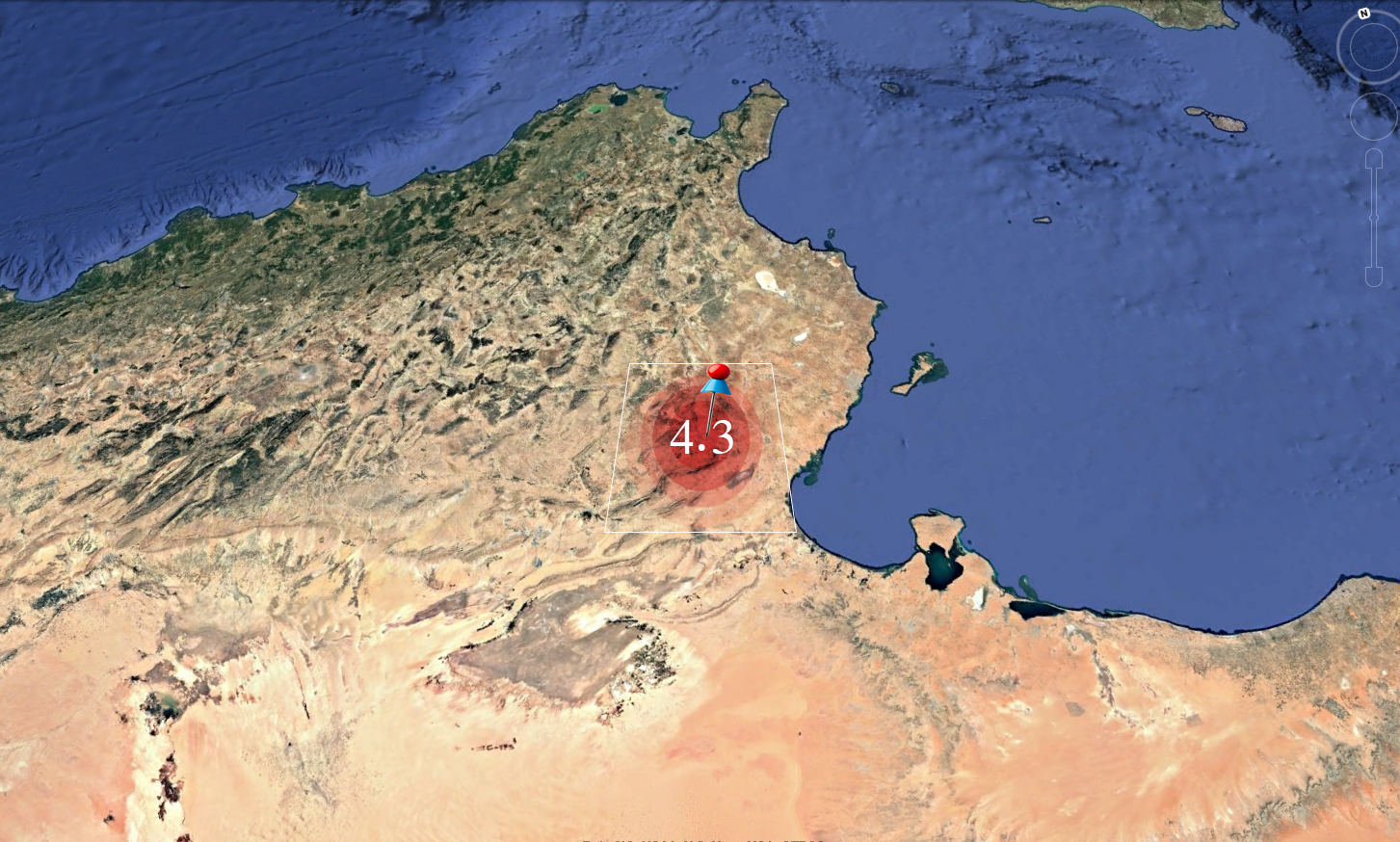 رجة أرضية بقوة 4.3 درجات جنوب شرق المكناسي بولاية سيدي بوزيد