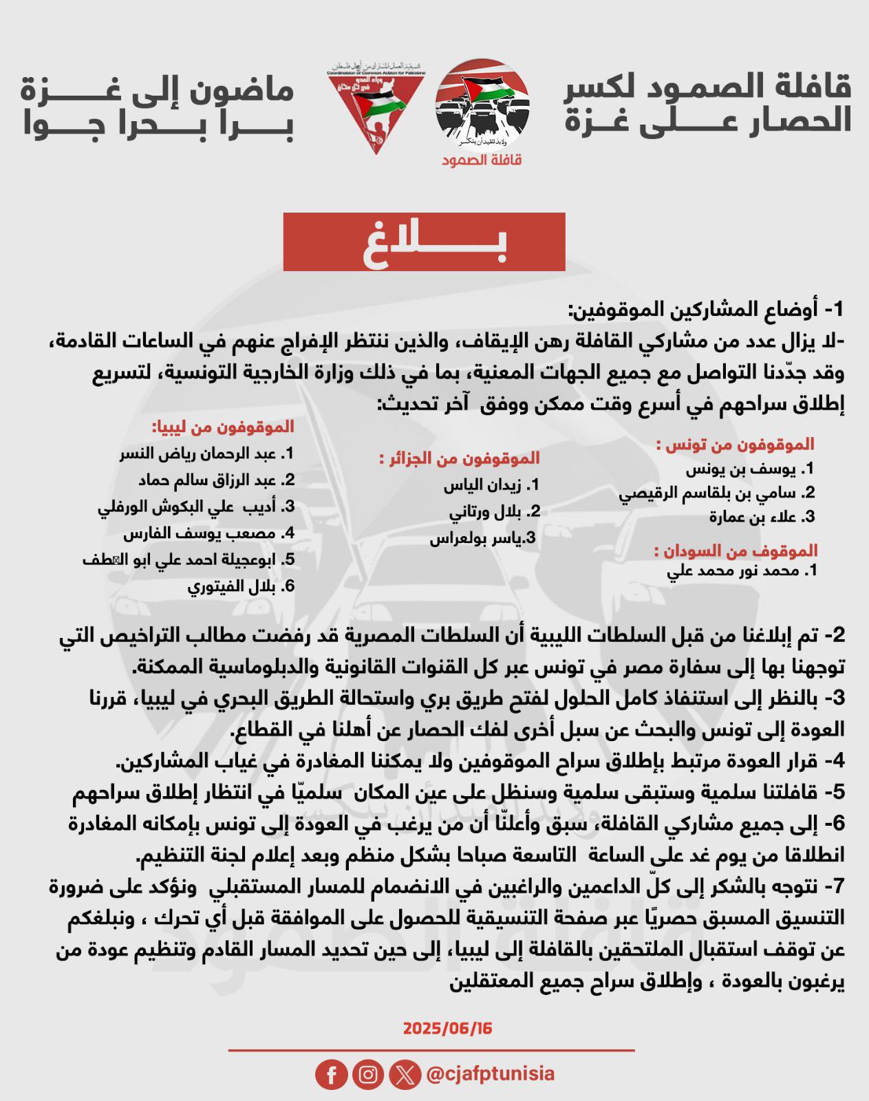قافلة الصمود" تعلن من ليبيا قرارها العودة الى تونس بعد رفض مصر دخولها الى أراضيها