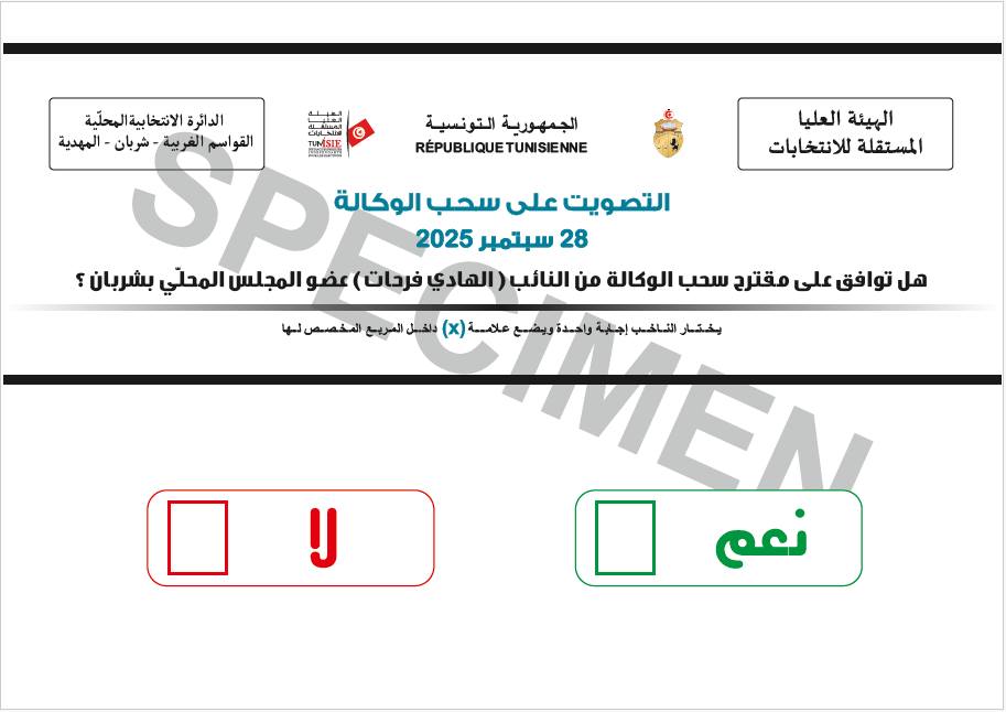 هيئة الانتخابات تنشر نموذج ورقة التصويت على سحب الوكالة المقرر يوم 28 سبتمبر الجاري