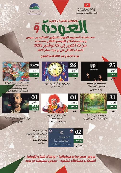  المركب الثقافي علي بن عياد بحمام الأنف: الدورة التاسعة من التظاهرة الثقافية "العودة" من 26 أكتوبر إلى  02 نوفمبر 2025 