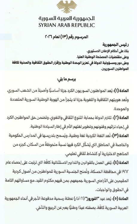 الشرع يصدر مرسوما يؤكد فيه حقوق السوريين الأكراد