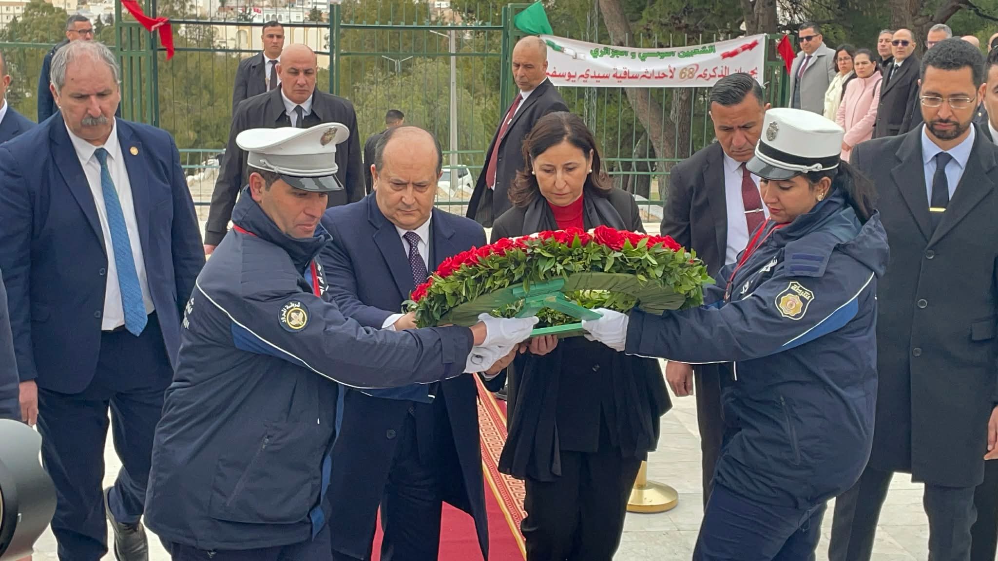 رئيسة الحكومة ونظيرها الجزائري يُشرفان على موكب إحياء الذكرى 68 لأحداث ساقية سيدي يوسف (فيديو وصور)