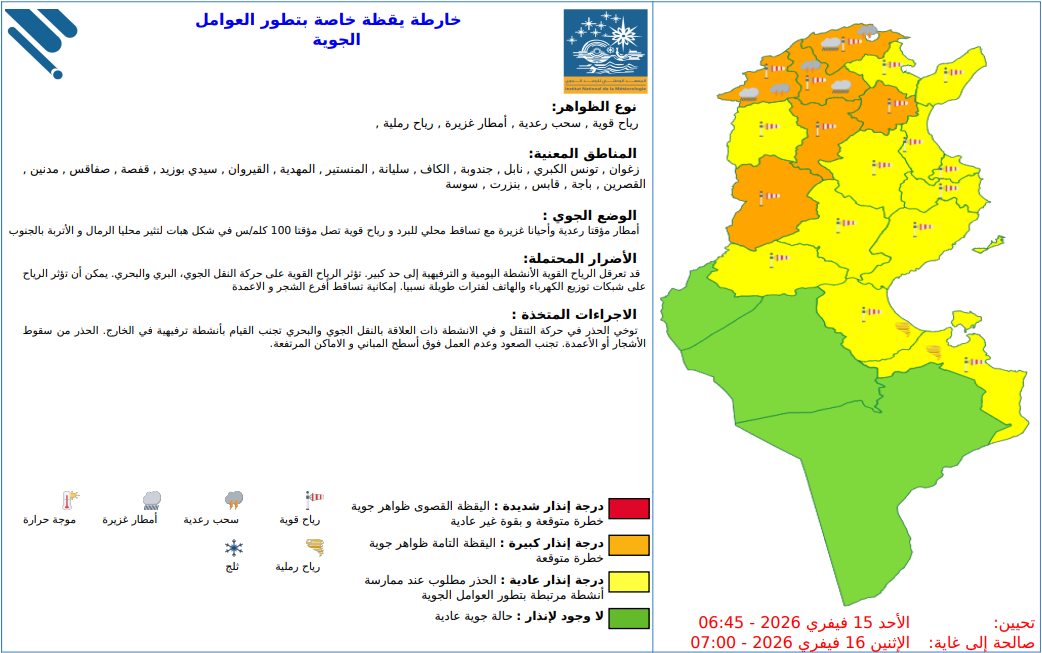 الأحد: رياح قويّة تصل إلى 100 كلم/س وإسناد اللون البرتقالي لـ6 ولايات