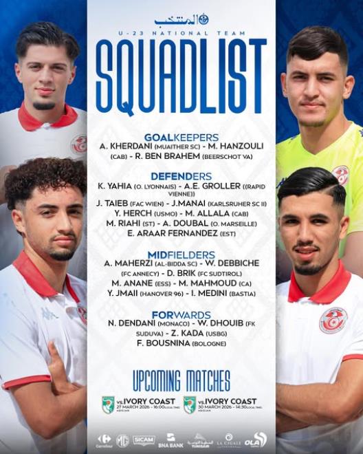 استعدادا للقاءين الوديين مع الكوت ديفوار - قائمة المنتخب التونسي تحت 23 عاما