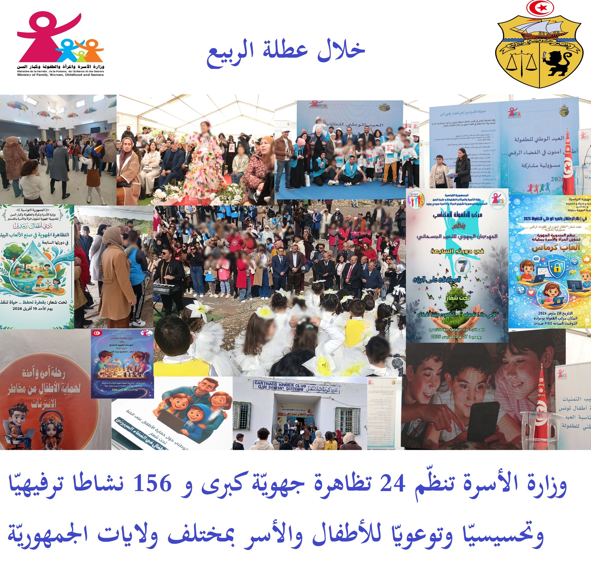 خلال عطلة الثلاثي الثاني: وزارة الأسرة تنظّم 24 تظاهرة جهويّة كبرى و 156 نشاطا ترفيهيّا وتحسيسيّا وتوعويّا للأطفال والأسر بمختلف ولايات الجمهوريّة