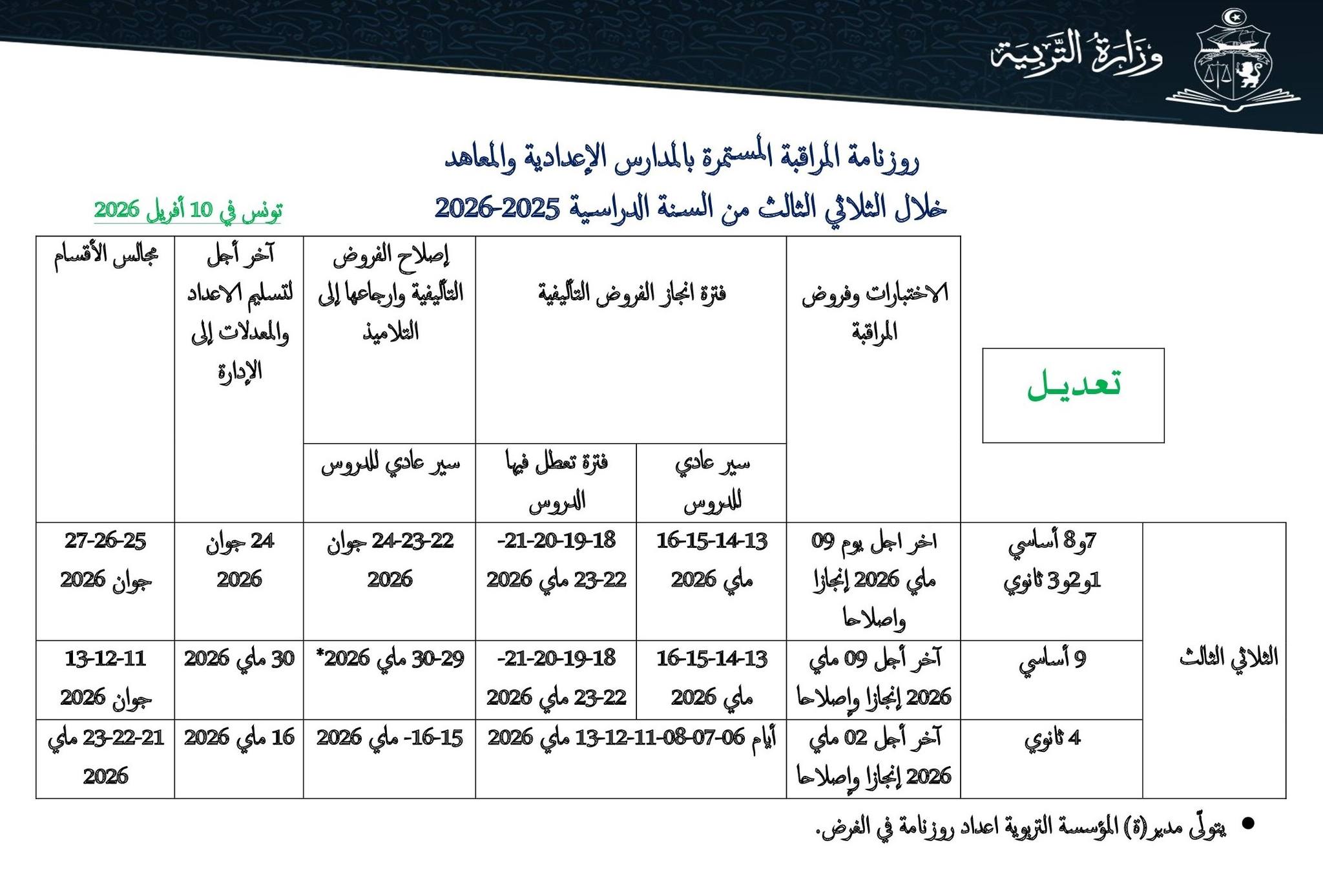 وزارة التربية تنشر روزنامة المراقبة المستمرة للثلاثي الثالث 2025-2026