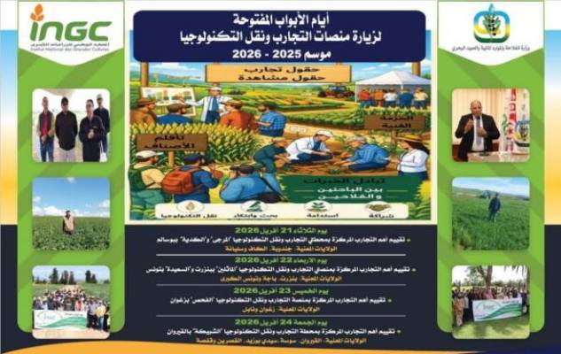 المعهد الوطني للزراعات الكبرى ينظم أيام الابواب المفتوحة لزيارة منصات التجارب ونقل التكنولوجيا من 21 الى 24 افريل 2026