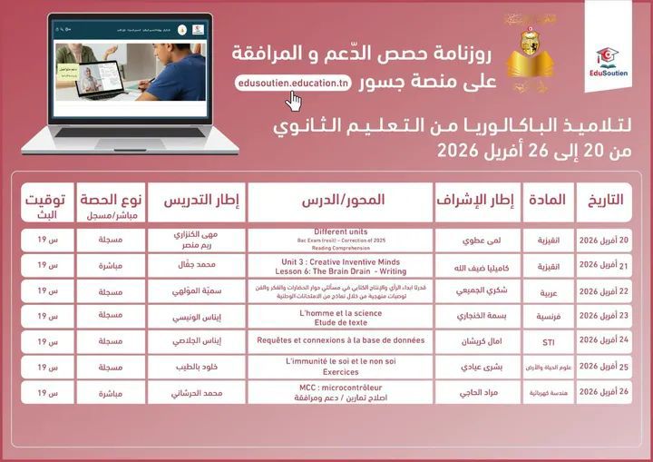 وزارة التربية تضع رزنامة متكاملة لحصص الدعم والمرافقة عبر منصة "جسور" لفائدة تلاميذ السنوات الإشهادية