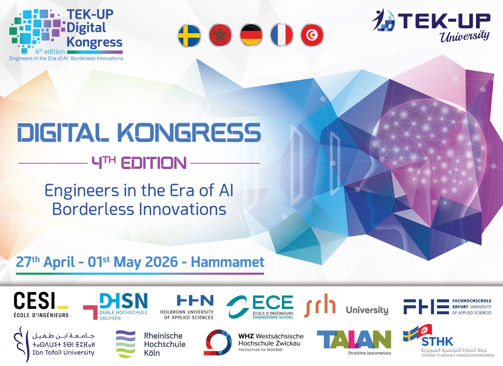  جامعة TEK-UP تنظم من 27 افريل الى 1 ماي 2026 : المؤتمر الرقمي  الدولي بالحمامات 