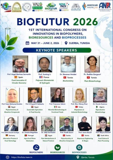 المؤتمر الدولي في مجالات البوليمرات الحيوية والموارد والعمليات الحيوية المستدامة من 31 ماي الى 2 جوان 2026