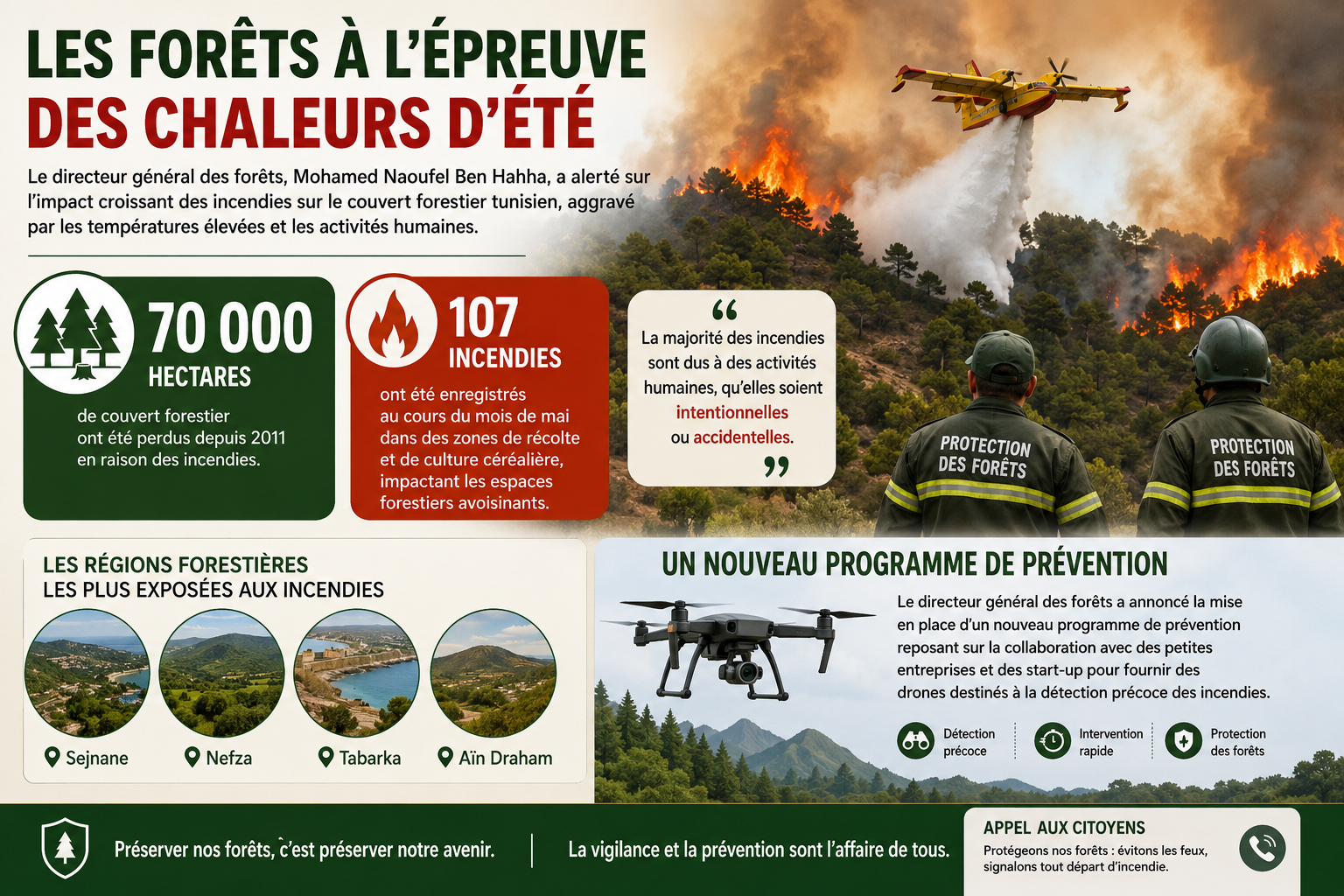 Forêts tunisiennes : 70 000 hectares détruits depuis 2011, un nouveau dispositif de prévention lancé