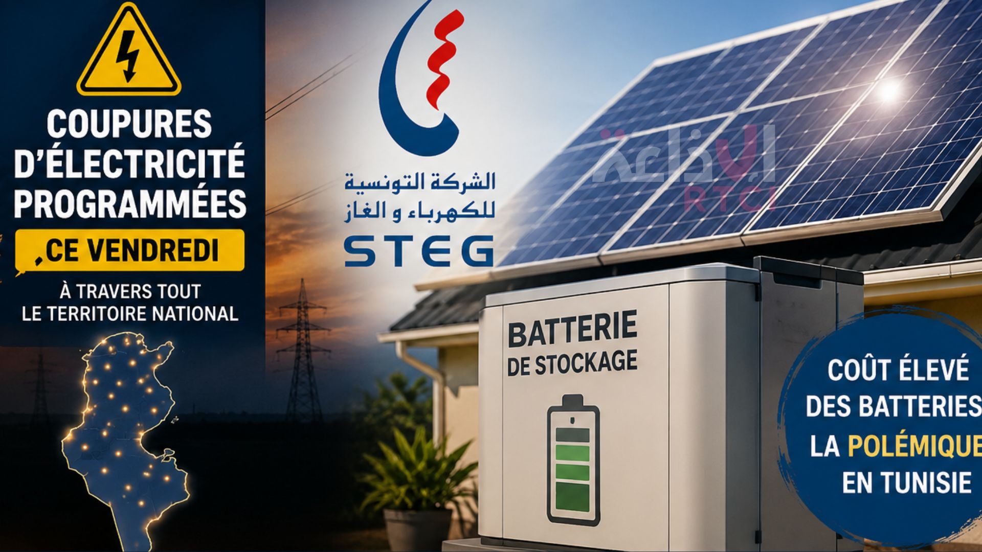 La STEG annonce des coupures d'électricité programmées ce vendredi à travers tout le territoire, tandis que le coût des batteries de stockage solaire suscite la polémique
