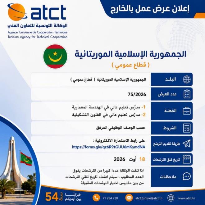 الوكالة التونسية للتعاون الفني تعلن عن فتح باب الترشح لانتداب مدرسين للتعلم العالي بالجمهورية الاسلامية الموريتانية