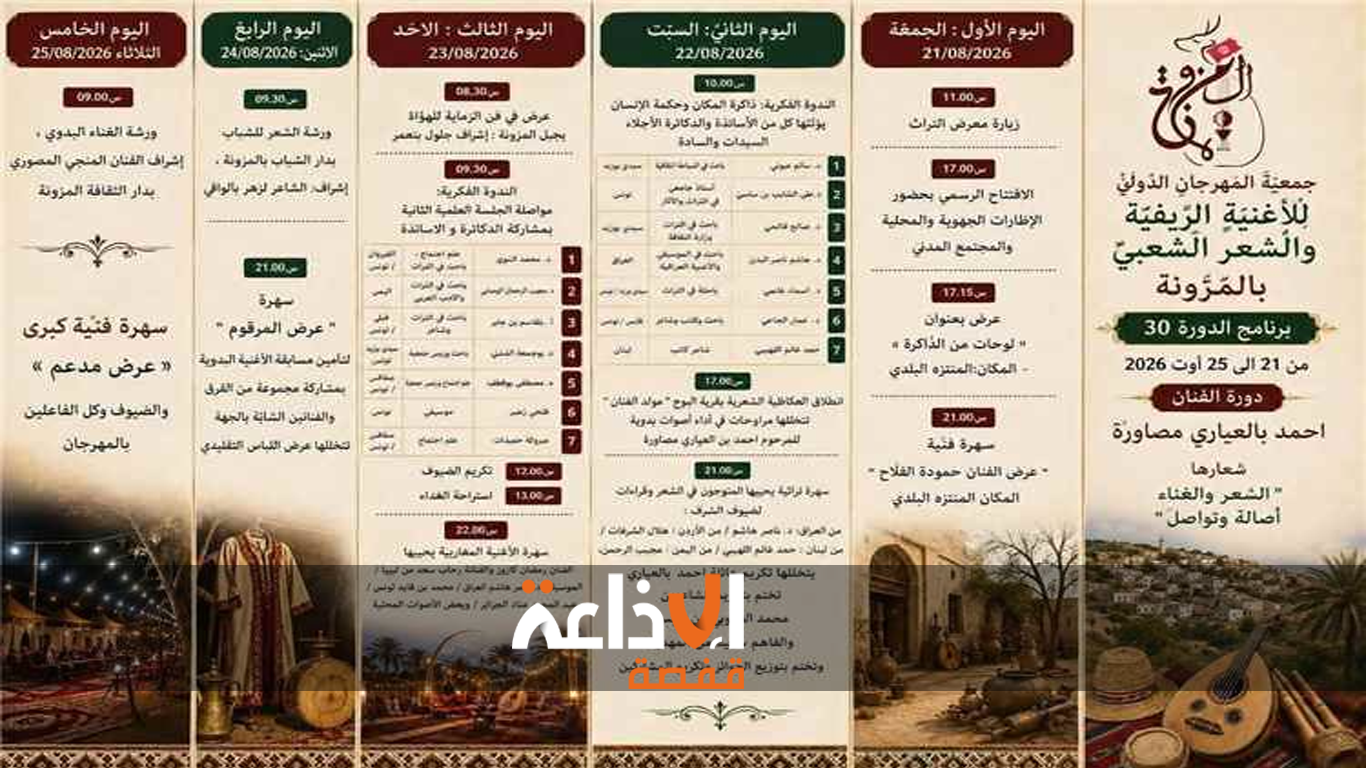 المزونة: الدورة الـــ30 من المهرجان الدولي للأغنية الريفية و الشعر الشعبي 