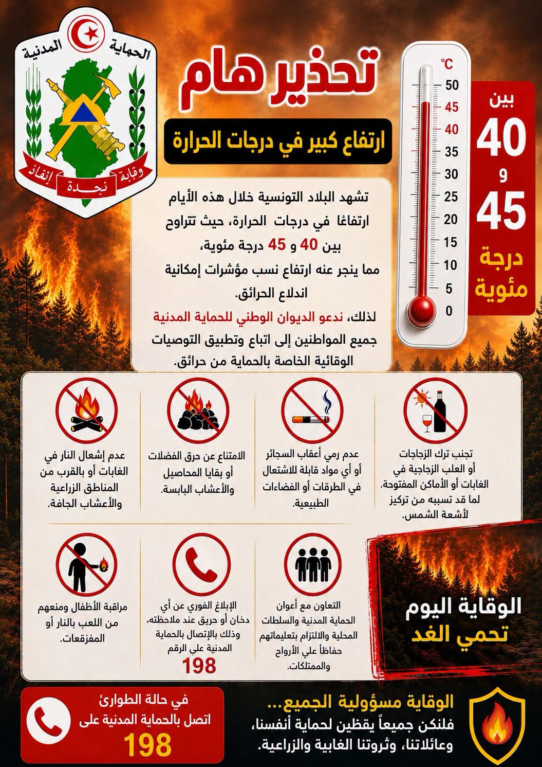 الحماية المدنية تحذر من مخاطر اندلاع الحرائق مع ارتفاع درجات الحرارة غدا الثلاثاء