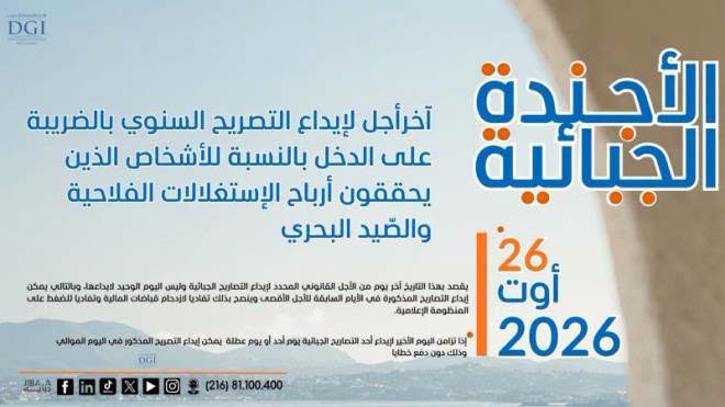 آخر إجل لإيداع التصريح السنوي بالضريبة على الدخل بالنسبة للاشخاص الذين يحققون أرباح الاستغلالات الفلاحية والصيد البحري يوم 26 اوت 2026