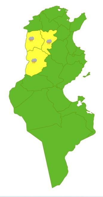 ولايات سليانة والكاف والقصرين ضمن درجة اليقظة الصفراء، وذلك بسبب الاضطرابات الجوية المتوقعة