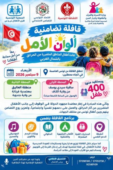 غدا الاربعاء.......قافلة تضامنية تحت شعار "ألوان الامل" لفائدة أطفال المناطق المتضررة من الحرائق بالشمال الغربي