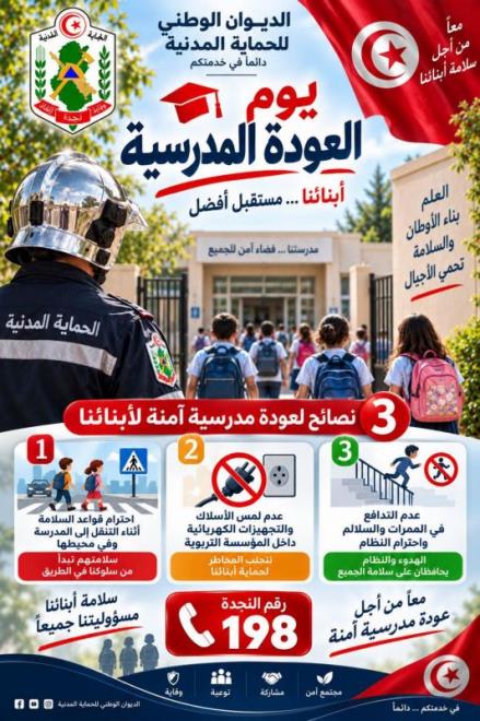الديوان الوطني للحماية المدنية يدعو إلى الالتزام بقواعد السلامة داخل المؤسسات التربوية وفي الطريق