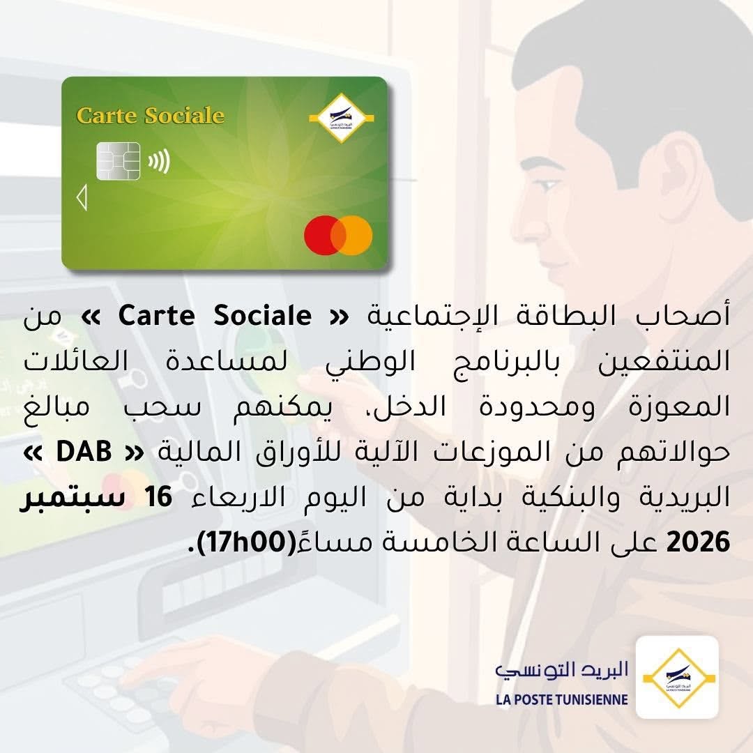 بداية من اليوم : أصحاب البطاقة الاجتماعية المنتفعين بالبرنامج الوطني لمساعدة العائلات المعوزة ومحدودة الدخل بامكانهم سحب مبالغ حوالاتهم