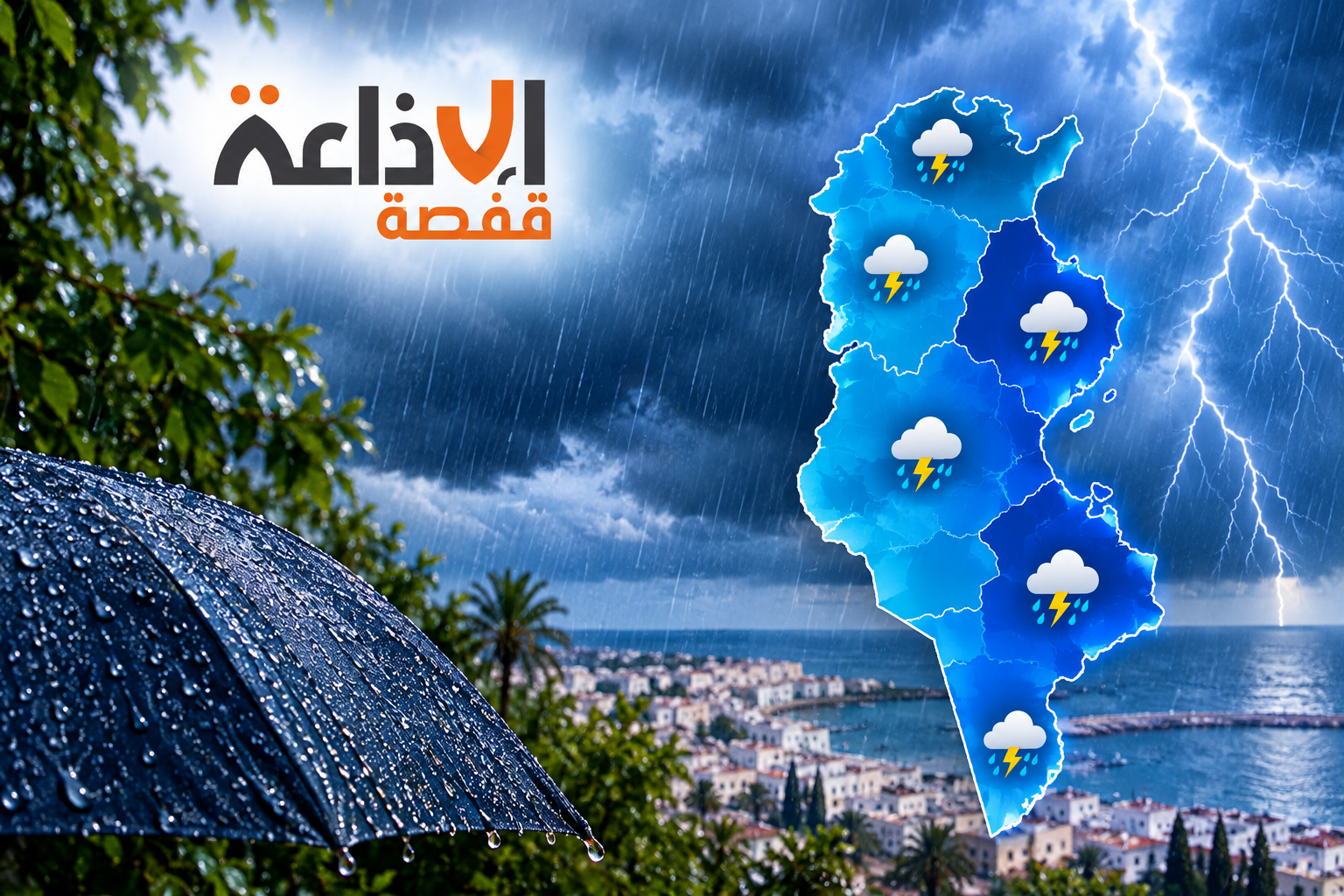 تواصل نزول الامطار الرعدية بالشمال والوسط وتكون محليا غزيرة بالمناطق الشرقية ليل الخميس