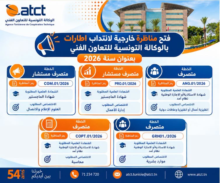الوكالة التونسية للتعاون الفني تفتح مناظرة خارجية لانتداب إطارات بعنوان سنة 2026