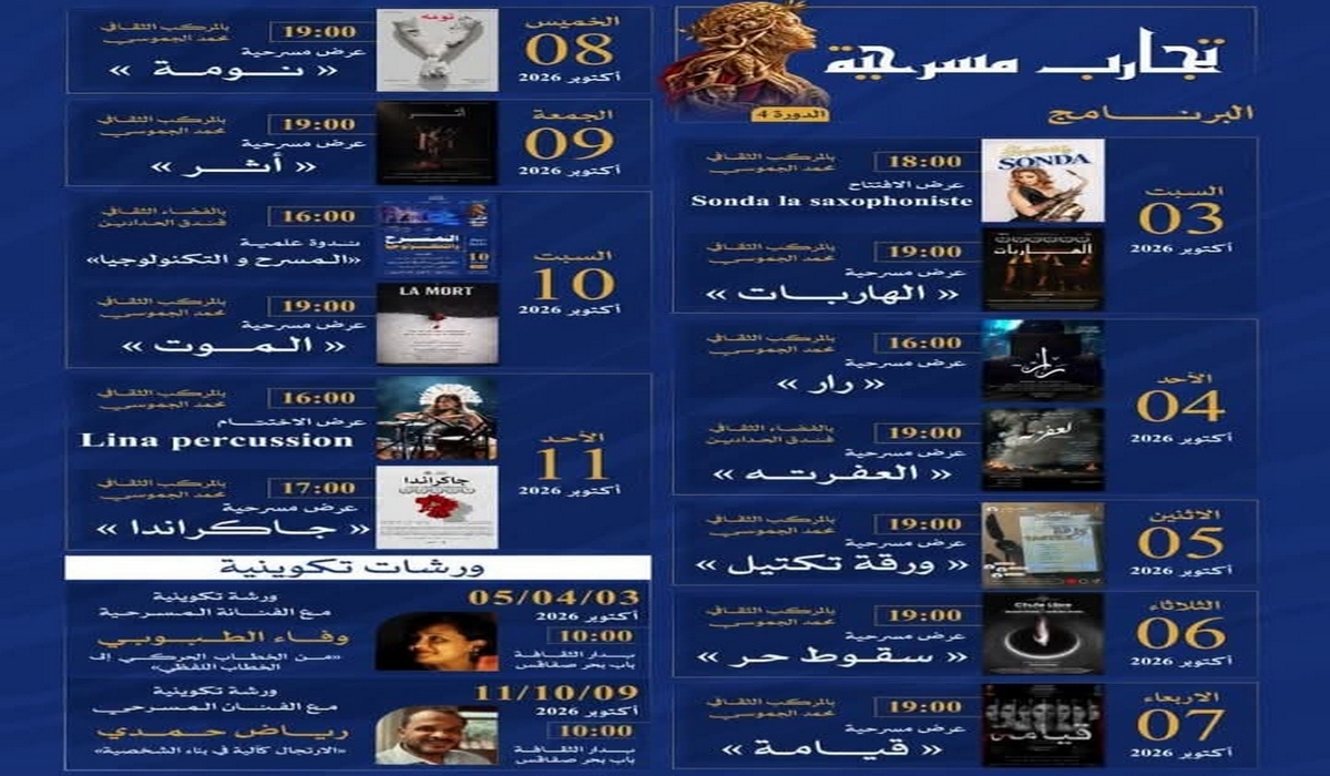 الدورة الرابعة لتظاهرة "تجارب مسرحية" من 3 إلى 11 أكتوبر 2026 بصفاقس