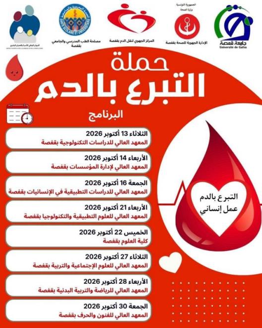 قفصة: تنظيم حملة موسعة للتبرع بالدم بالمؤسسات الجامعية من 13 إلى 30 أكتوبر الجاري