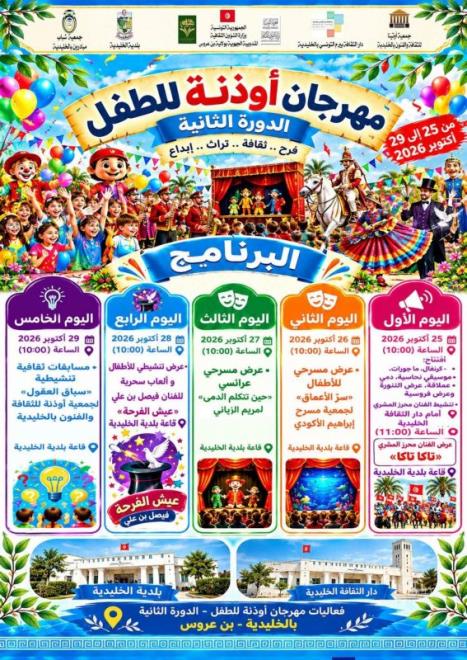 بن عروس : الدورة الثانية لمهرجان أوذنة للطفل من 25 إلى 29 أكتوبر