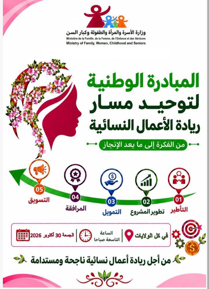 وزارة الأسرة تنظمّ يوم 30 أكتوبر الجاري الدورة الثالثة من تظاهرة "المبادرة الوطنية لتوحيد مسار ريادة الأعمال النّسائيّة من الفكرة إلى ما بعد الإنجاز" في 22 معتمدية